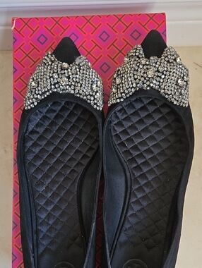 Tory Burch Black Pointed Flats with Crystal Bow Embellishment